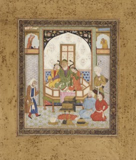 Zahhak Enthroned with the Two Daughters of Jamshid, Page from a Manuscript of the Shahnama..., c1615 Creator: Unknown.