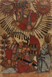 Vrishaketu Shoots Babhruvahana into the Air on a Circle of Arrows (recto)..., c1850. Creator: Unknown.