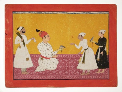 Raja Medini Pal (Reigned 1722-1736) of Basohli Being Presented with a Falcon, c1725. Creator: Unknown.