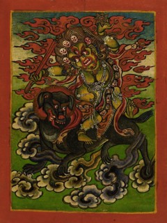 Dakini on a Gray Dog, Nyingmapa Buddhist or Bon Ritual Card, 18th-19th century. Creator: Unknown.