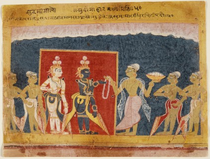 Sudama Offers a Garland to Krishna, Folio from a Bhagavata Purana..., between 1550 and 1575. Creator: Unknown.