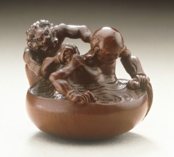 Demon with Temple Guardian in Bath, Mid-19th century. Creator: Miwa School.