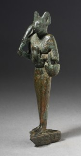 Figurine of Standing Cat Headed Goddess with Sistrum, Probably Ptolemaic Period (332-30 BCE). Creator: Unknown.