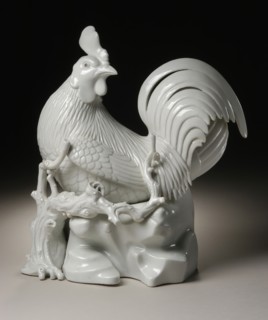Okimono in the Form of a Seated Cockerel on a Branch and Rockery, 19th century. Creator: Unknown.