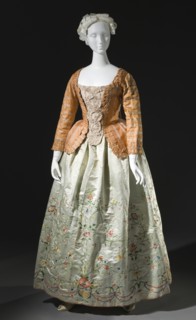 Woman's striped silk sack-back jacket (caraco), Europe, c.1760, altered c.1780. Petticoat: c.1785. Creator: Unknown.