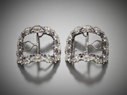 Pair of woman’s shoe buckles,  with paste stones, England, c.1780-1785. Creator: Unknown.