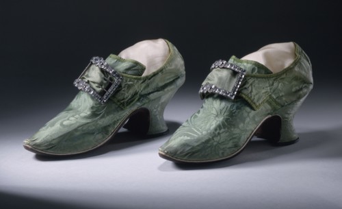 Pair of woman's silk damask shoes with buckles, between 1740 and 1750. Creator: Unknown.