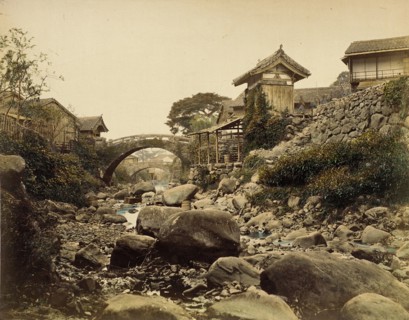 View on Amidabashi (Amida Bridge) over Nagasaki’s Zeniyagawa (Zeniya River..., 1865. Creator: Unknown.