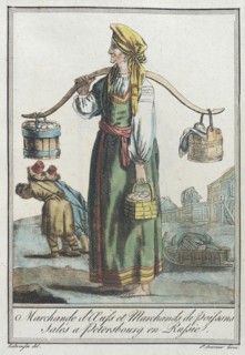 Costumes de Différents Pays, 'Marchande d'Auss et Marchands de Poissons Salés a Peters..., c1797. Creators: Jacques Grasset de Saint-Sauveur, LF Labrousse.