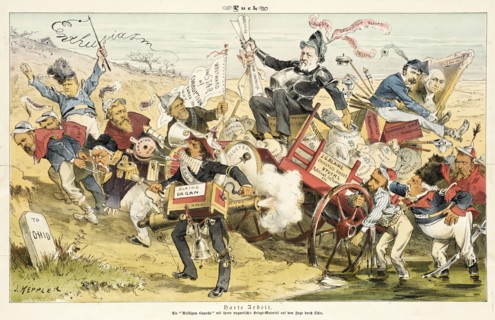 Harte Arbeit .... Cartoon from Puck, 1884. Creators: Joseph Keppler, Bernhard Gillam.