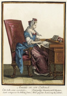 Recueil des modes de la cour de France, 'Aminte en son Cabinet', between circa 1678 and circa 1693. Creator: Nicolas Bonnart.