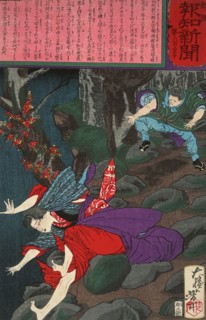 In a Fit of Jealousy Arai Tokichi Hurls a Rock at Ohana, c1875. Creator: Tsukioka Yoshitoshi.