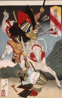 Sagami Jiro and Taira no Masakado Attacking an Opponent on Horseback, 19th century. Creator: Tsukioka Yoshitoshi.