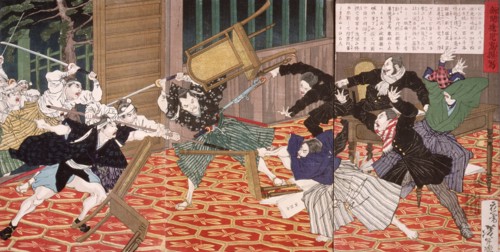 A Picture of the News from Kagoshima: Attack at School, 1877. Creator: Tsukioka Yoshitoshi.