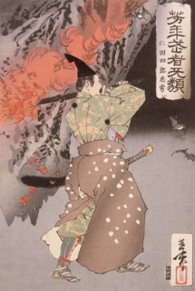 Nitta Shiro Tadatsune Entering a Cave with a Torch, 1886. Creator: Tsukioka Yoshitoshi.