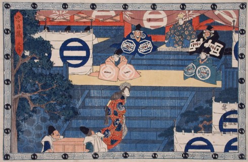 Act I: Lady Kaoyo Mounting the Steps at Hachiman Shrine for the..., between c1835 and c1839. Creator: Ando Hiroshige.