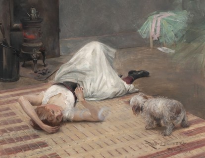 Smoking model with dog, 1890. Creator: Karl Robert Lundberg.