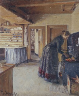 Kitchen, with the artist's Wife, 1887. Creator: Viggo Johansen.