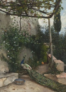 Terrace with Peacock, the Alhambra, 1884. Creator: Hugo Birger.