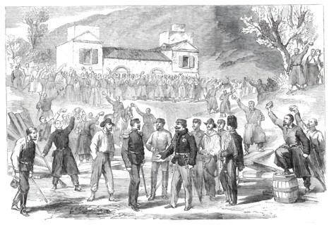 The first visit of Victor Emmanuel to the camp of the national army at St. Angelo..., 1860. Creator: Unknown.