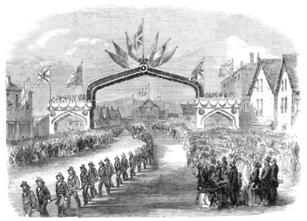 The members of the fire companies drawing the Prince of Wales through Carleton..., 1860. Creator: Unknown.