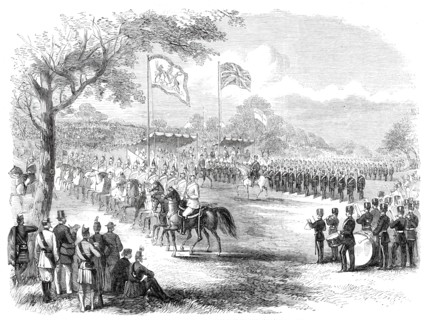 The 1st Lancashire Mounted Rifles and the Artillery Brigade marching past, 1860. Creator: Unknown.