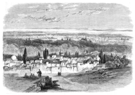 View of Damascus from the Hill of Salahiyeh - from a drawing by E. Harker, 1860. Creator: Smyth.