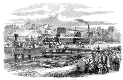 Arrival of the first train of the Atlantic and Great Western Railroad at James Town..., 1860. Creator: Unknown.