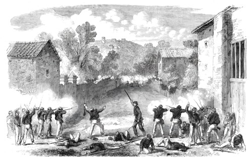 The Revolution in Sicily - Sicilian skirmishers attacking the advanced posts of the..., 1860. Creator: Unknown.