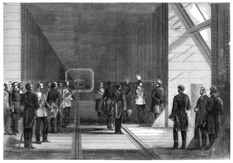 The Prince of Wales closing the last rivet of the Victoria Tubular Bridge over the St. Lawrence...,  Creator: Unknown.