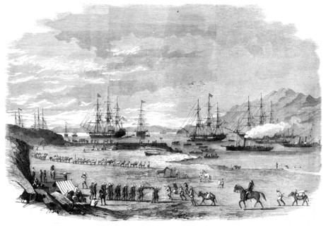 The War in China - departure from Hockly Pier, Odin Bay, of the Sikh Cavalry and troops..., 1860. Creator: Unknown.