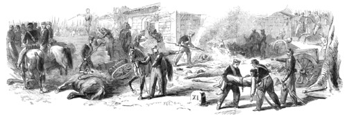 The Battle on the Volturno - battery where the Neapolitans burnt the wounded Garibaldians..., 1860. Creator: Unknown.