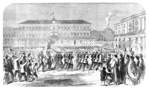 The British brigade marching into the Largo St. Francesco di Paola, Naples..., 1860. Creator: Unknown.