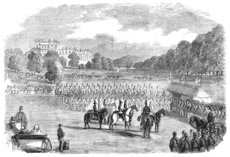 Review of Derbyshire Rifle Volunteers at Chatsworth Park - from a drawing by T. Walton, 1860. Creator: Unknown.