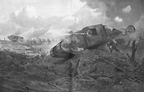 'L'Apparition des Tanks; L'entrée en ligne des premiers chars d'assaut Anglais, le 15 septembre 1916 Creator: J Simont.