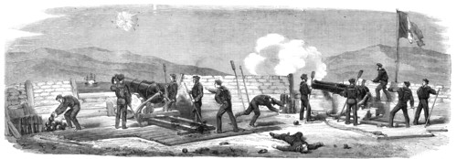 Engagement between the "Bourbonnais" Neapolitan steam-frigate and the ship-gun battery..., 1860. Creator: Unknown.