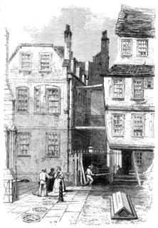 Ancient houses in the Temple, and the grave of Oliver Goldsmith, 1860. Creators: Unknown, Oliver Goldsmith.
