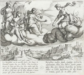 Necessity Commands Her Daughters, the Fates, to Weave Short and Frail Life Threads..., 1612. Creator: Antonio Tempesta.