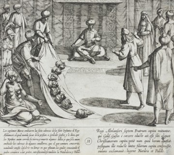 In the Presence of Almanzor, Gonzalo Gustos Identifies the Severed Heads of His Sons, 1612. Creator: Antonio Tempesta.