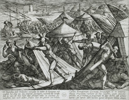 Dutch and Germans Attack the Roman Camp and Capture Cerialis' Boat, Publshed 1612. Creator: Antonio Tempesta.