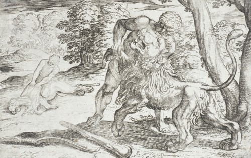 Hercules and the Nemean Lion, 1608. Creators: Antonio Tempesta, Nicolaus van Aelst.
