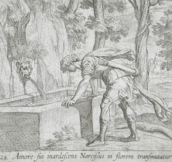 Narcissus at the Well, published 1606. Creators: Antonio Tempesta, Wilhelm Janson.