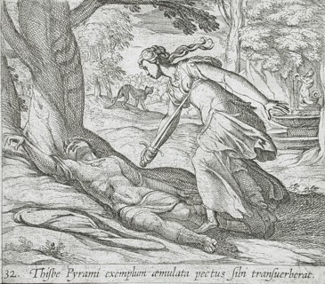 Thisbe Killing Herself, published 1606. Creators: Antonio Tempesta, Wilhelm Janson.