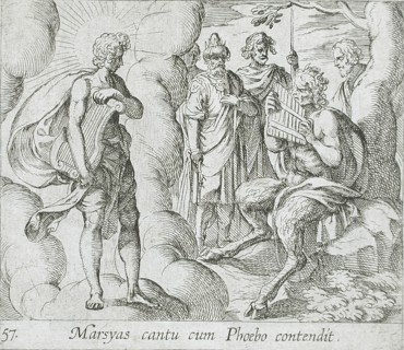 Marsyas Playing the Pipes Before Apollo, published 1606. Creators: Antonio Tempesta, Wilhelm Janson.