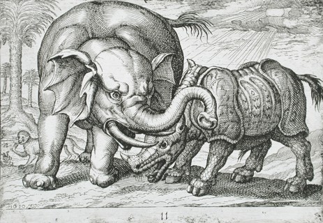 A Rhinoceros Fighting an Elephant, 1610. Creator: Hendrick Hondius I.