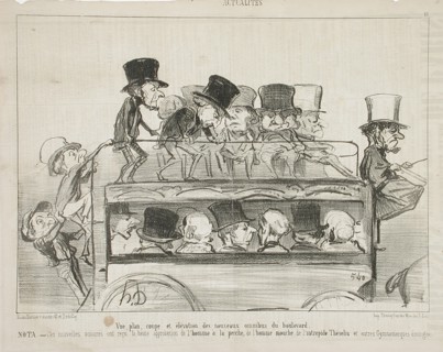 Vue plan coupé et elévation des nouveau omnibus du boulevard, 1853. Creator: Honore Daumier.