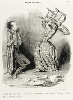 Ah! tu dis que tu passes la nuit à ton bureau..., 1840. Creator: Honore Daumier.