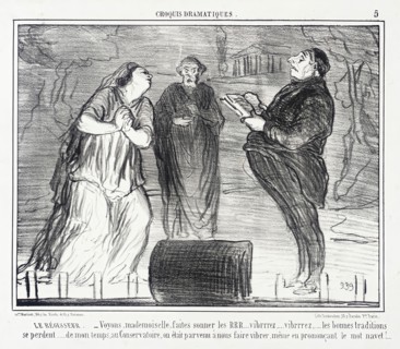 Le Régisseur. - Voyons, mademoiselle, faites sonner les RRR..., 1856. Creator: Honore Daumier.