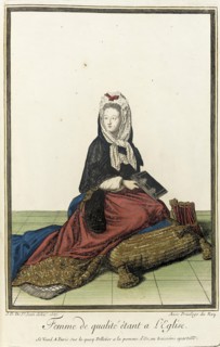 Recueil des modes de la cour de France, 'Femme de Qualité Êtant a L'Eglise', 1685. Creator: Jean de Dieu.