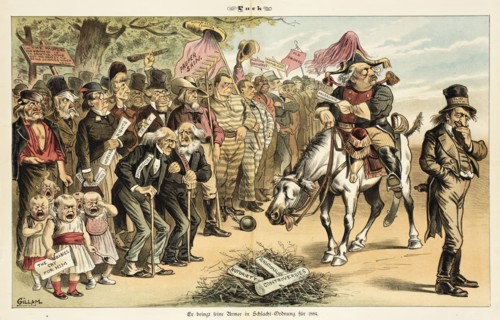 Cartoon from Puck, between 1880 and 1889. Creators: Joseph Keppler, Bernhard Gillam.